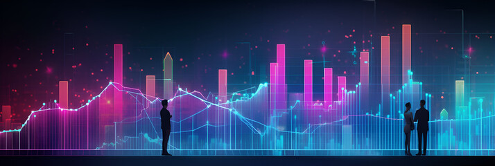 Business investment and financing, business people working together to collaborate and evaluate data from social network sites, company development goals, and economic graph growth charts. Neon effect
