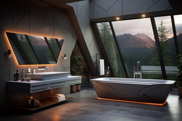 Generative AI Image of Bathtub and Sink in Bathroom with Modern Futuristic Interior Design
