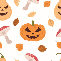 Seamless Halloween pattern with pumpkins, mushrooms and leaves