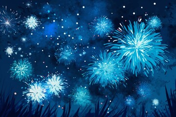 Illustration of fireworks in blue color. Generative AI