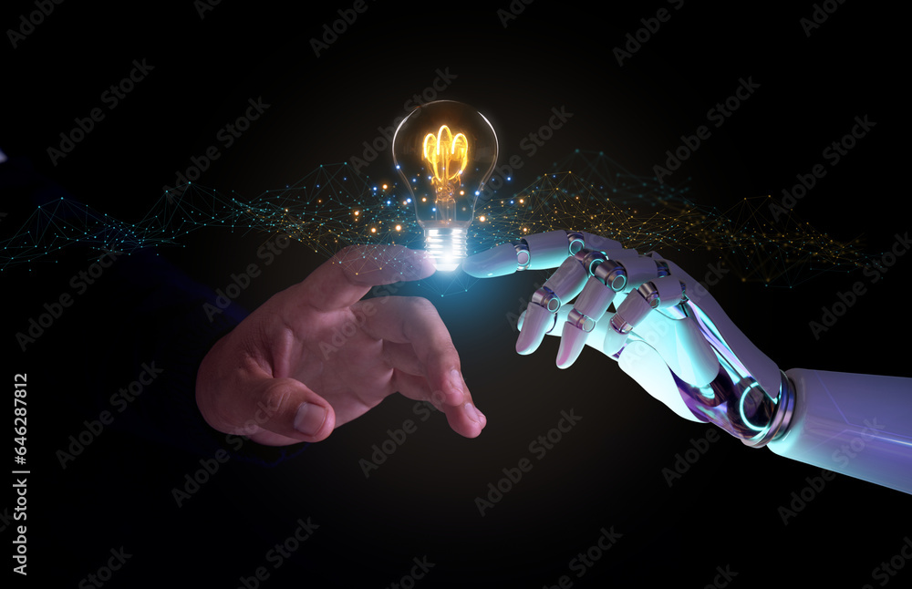 Aufkleber ai, machine learning, robot hands and human touch on big data networks, creative brain data in light