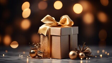 Photo of a beautifully wrapped gift box with a golden bow on a table created with Generative AI technology