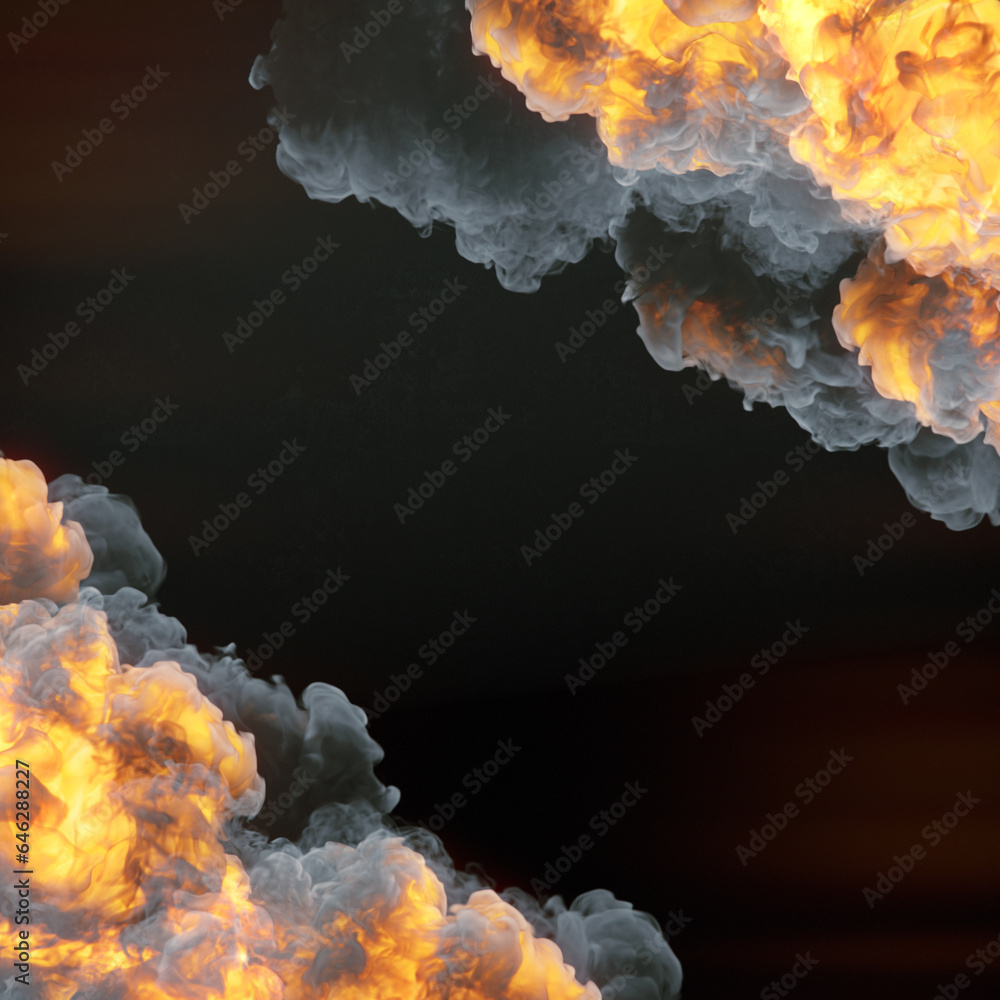 Poster Fire explosions with smoke on dark background. Abstract digital illustration. Glow effect. 3d rendering