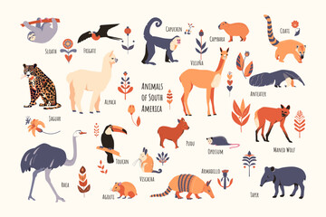 Set of South American animals with floral elements and captions. Simple vector style, beige colors.