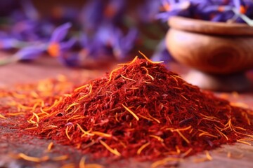 a pile of saffron on the table. Saffron is a spice that is the dry golden pistils of crocus sativus. It is widely used in Mediterranean and Oriental cuisines.