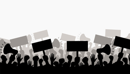 Obraz premium Silhouette of protesting crowd of people with raised hands and banners.