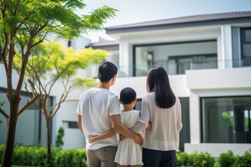 Back view of Asian family standing in front of their new house - obrazy, fototapety, plakaty