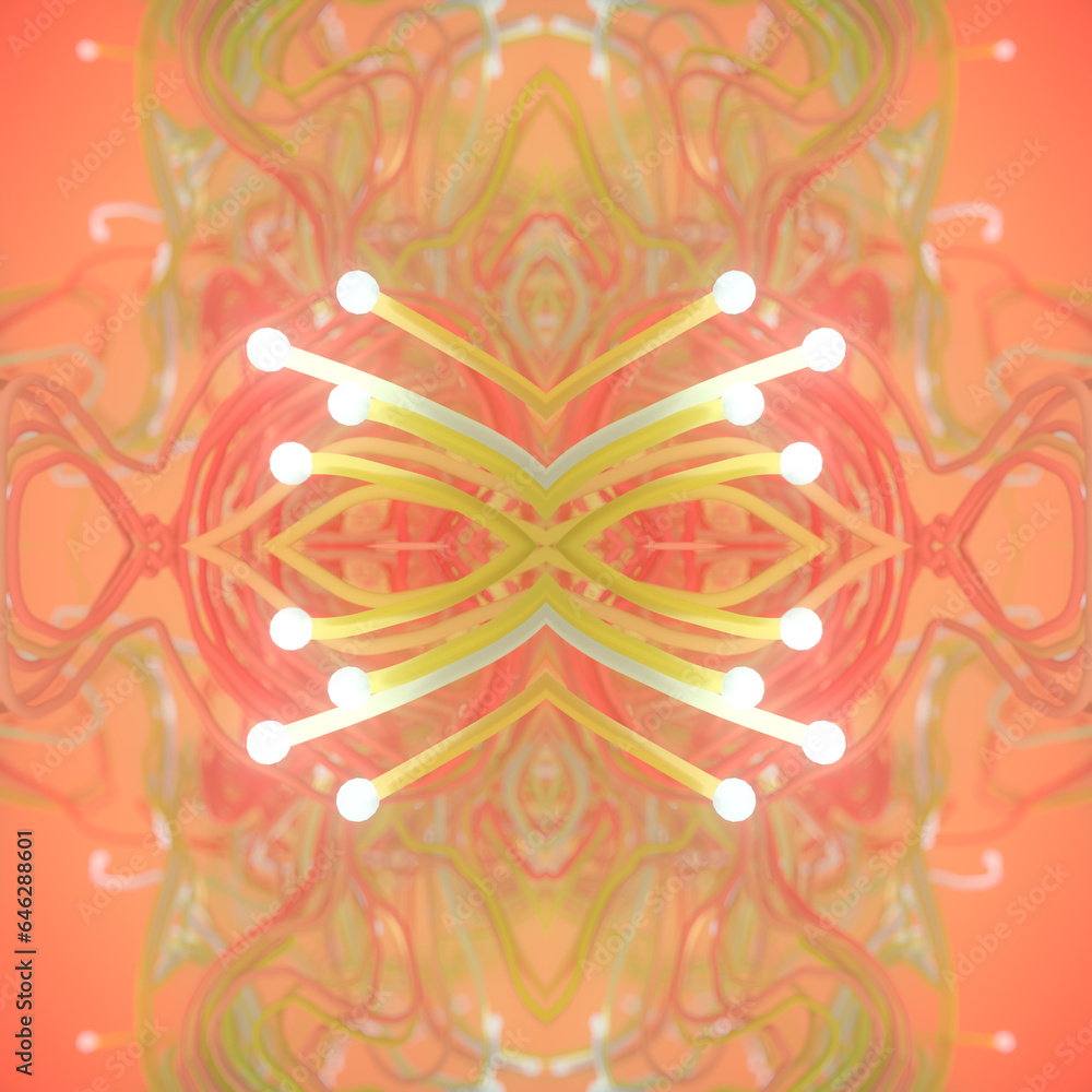 Poster Symmetrical pattern of glowing light bulbs attached to interlaced threads. 3d rendering digital illustration