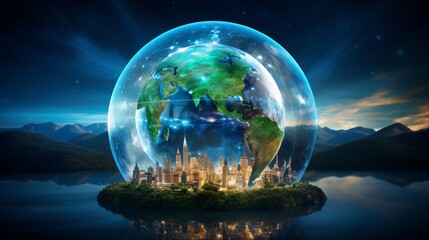 Capture a stunning picture of a glass globe surrounded by a holographic representation of Earth, with renewable energy installations superimposed on continents, emphasizing global clean energy solutio - obrazy, fototapety, plakaty