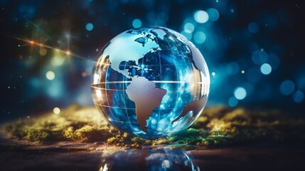 Capture a stunning picture of a glass globe surrounded by a holographic representation of Earth, with renewable energy installations superimposed on continents, emphasizing global clean energy solutio