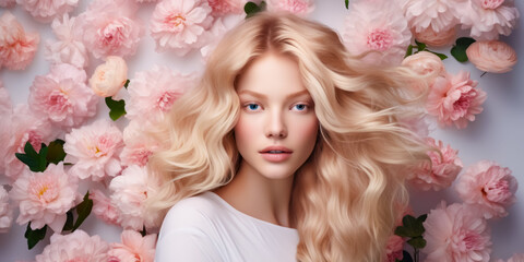 Obraz na płótnie Canvas Beauty blonde woman long wavy hair, healthy skin, natural makeup, blue eyes on flowers background