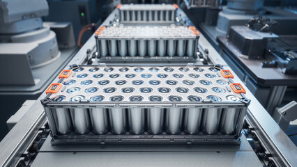 EV Battery Production Factory. Close-up of Lithium-ion High-voltage Battery Components for Electric...