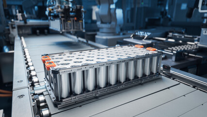 Close-up of Lithium-ion High-voltage Battery Component for Electric Vehicle or Hybrid Car. EV...