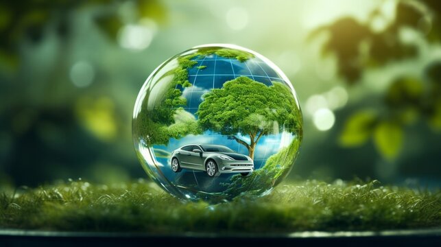 Capture a stunning picture of a glass globe nestled within a field of electric vehicle charging stations, showcasing the growth of eco-friendly transportation