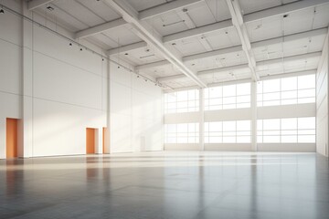 An empty hall for exhibitions, trade shows, meetings, events, sports. Suitable for factories, showrooms. 3D rendered image. Generative AI - obrazy, fototapety, plakaty
