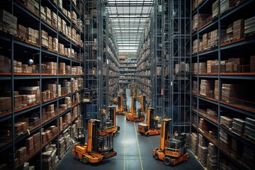 A massive warehouse with towering shelves and forklifts. Generative AI - obrazy, fototapety, plakaty
