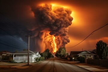 A wildfire ignited in Salinas, CA due to dry lightning, nearing homes, and engulfing the sky with smoke and flames. Generative AI