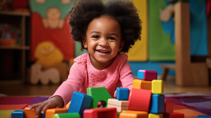 Fototapeta premium African American toddler playing with colorful wooden block toys
