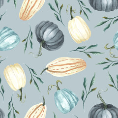 Watercolor pumpkins and leaves seamless pattern. Hand painted blue,and beige gourds isolated on pale blue background. Autumn harvest festival. Botanical illustration for design, print, background.