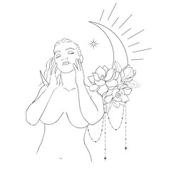 Line Art Pretty Women with Moon and Flowers. Vector Illustration.