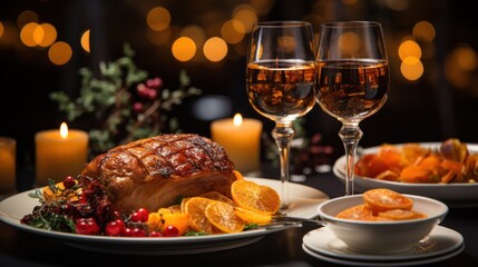 roll baked on the grill with vegetables and herbs on a platter. festive table setting against the backdrop of illumination. 