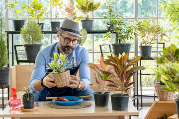 Hipster elderly men take care of the trees, a hobby of urban home gardening after sustainable retirement