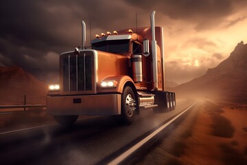 American style Truck on the highway at sunset