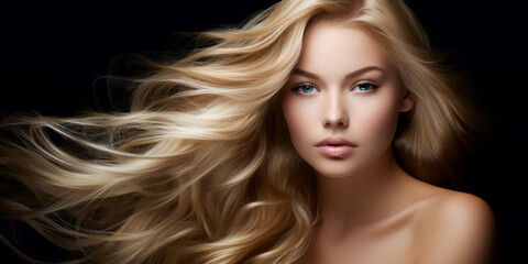 Fototapeta premium Beautiful young woman with healthy wavy long blonde hair. Hair Style, hair dye, hair care