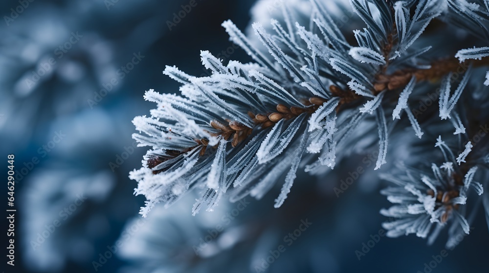 Sticker pine tree branches are covered with frost, nature winter natural dark background, snow-covered conif