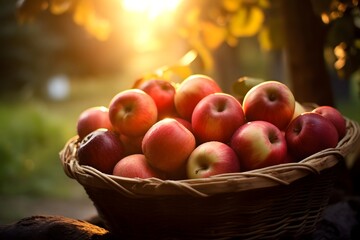 A basket of apples with the sun behind them