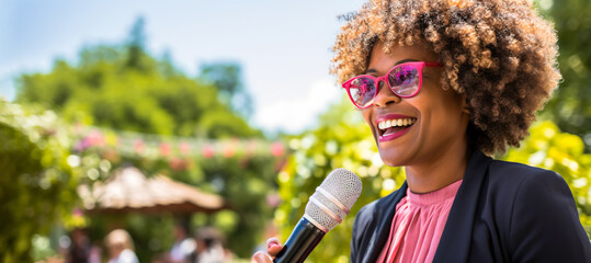 Successful African-American female news reporter in  suit working outdoors in park environment holding microphone in live broadcasting. Speaking concept