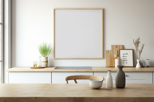 Scandinavian kitchen interior with a picture frame mockup. Generative AI