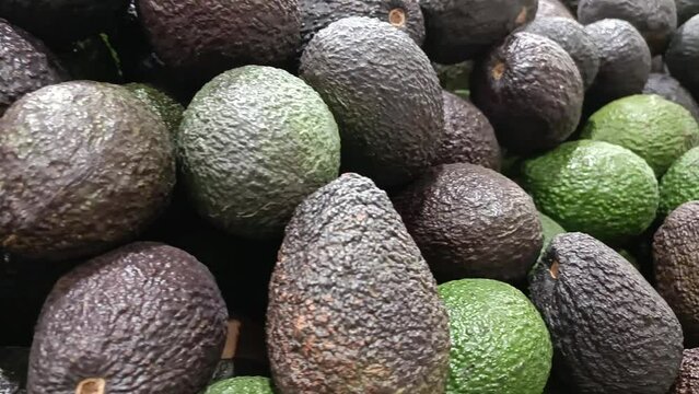 Green and ripe avocados in a grocery store