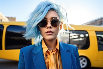 Portrait of a beautiful woman with blue hair looking at the camera, urban background,