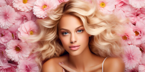 Obraz na płótnie Canvas Beauty blonde woman long wavy hair, healthy skin, natural makeup, blue eyes on flowers background