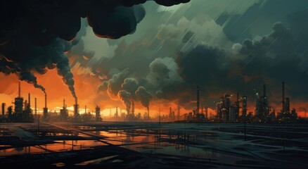 Industrial landscape with heavy smoke from the chimneys of a power plant - obrazy, fototapety, plakaty