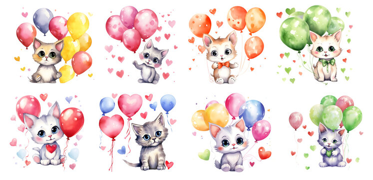 set of cute Cat with balloons, watercolor cats on transparent isolated background, generated ai 