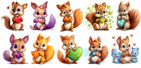 set of cute squirrel with heart Sticker, Clipart, on transparent isolated background, generated ai