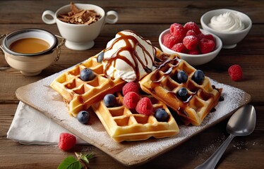 Berry bliss. Fresh fruits and waffles for breakfast. Waffle heaven. Crispy golden and bursting with berries. Morning indulgence. Topped with fresh fruit and cream