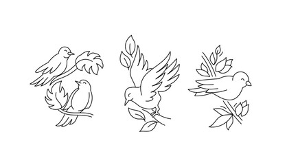 Birds on a branch vector line icon set. Editable outline stroke.