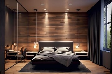 Modern bedroom interior with wooden walls, tiled floor, comfortable master bed with gray linens