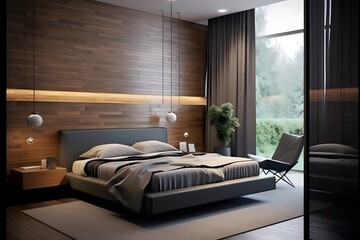 Fototapeta premium Modern bedroom interior with wooden walls