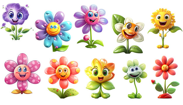 set of 3d cartoon flowers on transparent isolated background, generated ai