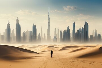 Bird's-eye view of a person walking on a sand-covered road surrounded by sand dunes, with Dubai skyline in the background. Generative AI - obrazy, fototapety, plakaty