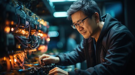 Fototapeta na wymiar Senior Asian men ensuring server functionality in a data center. Generative AI