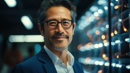 Portrait of older Asian men overseeing computers in a data room. Generative AI