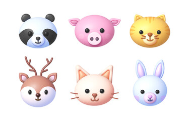 Animals 3d set. Emoji icon. Funny little animals. Vector 3d illustration set