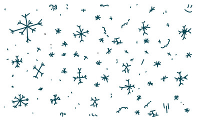Hand-drawn snowflakes in the style of doodles. New Year's background, snow.