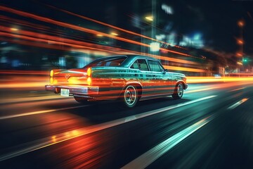 Fototapeta premium car on the road with speed motion and light effects