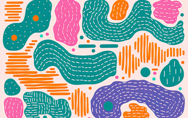 Colorful geometric shapes in Risograph texture or wall art style. Scandinavian Retro colors and shapes for backgrounds.